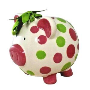 Burton + Burton Girls Pink and Green Polka Dot Piggy Bank with Bow Still Coin